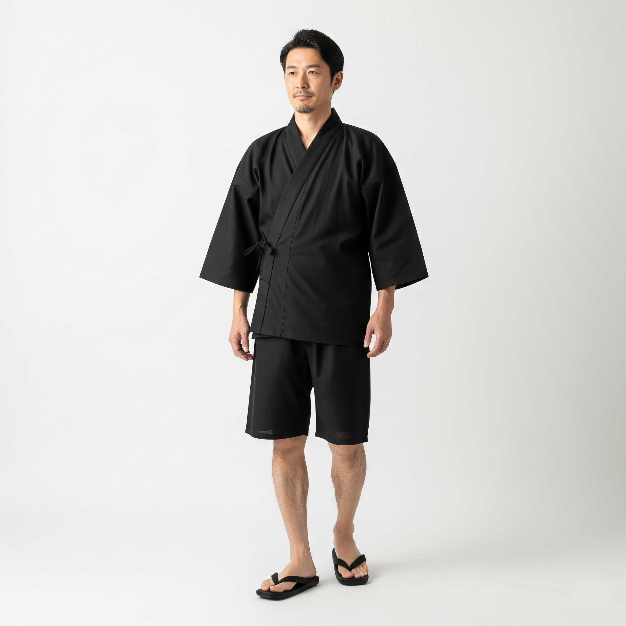 黒色の甚平を着ている男性