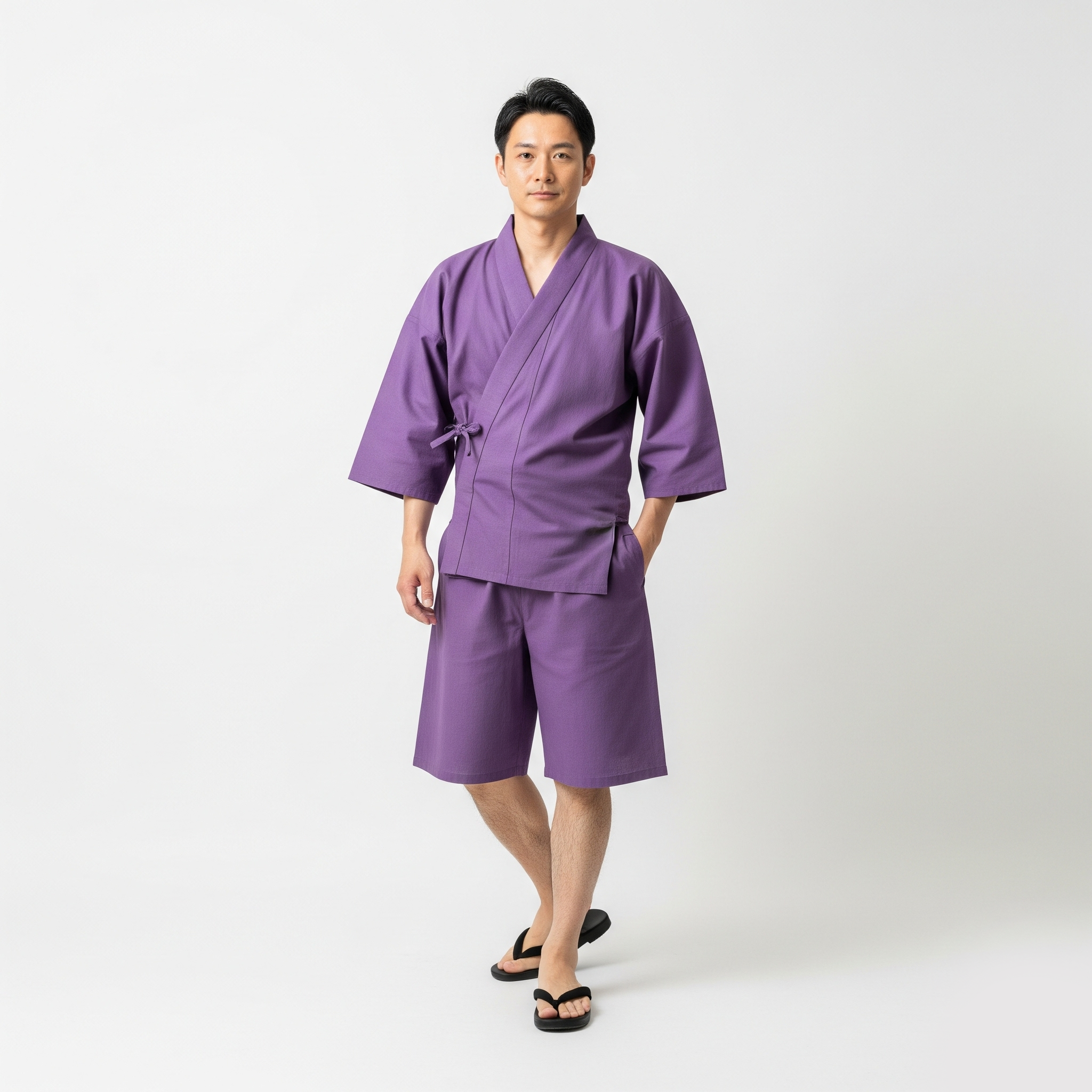 紫色の甚平を着ている男性