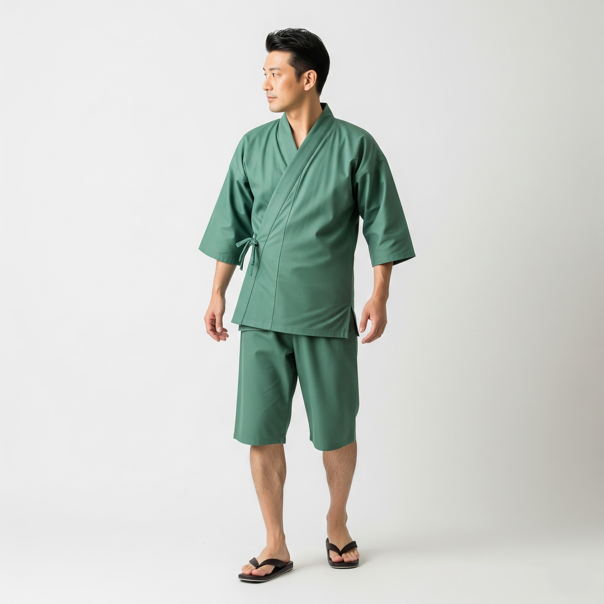 緑色の甚平を着ている男性